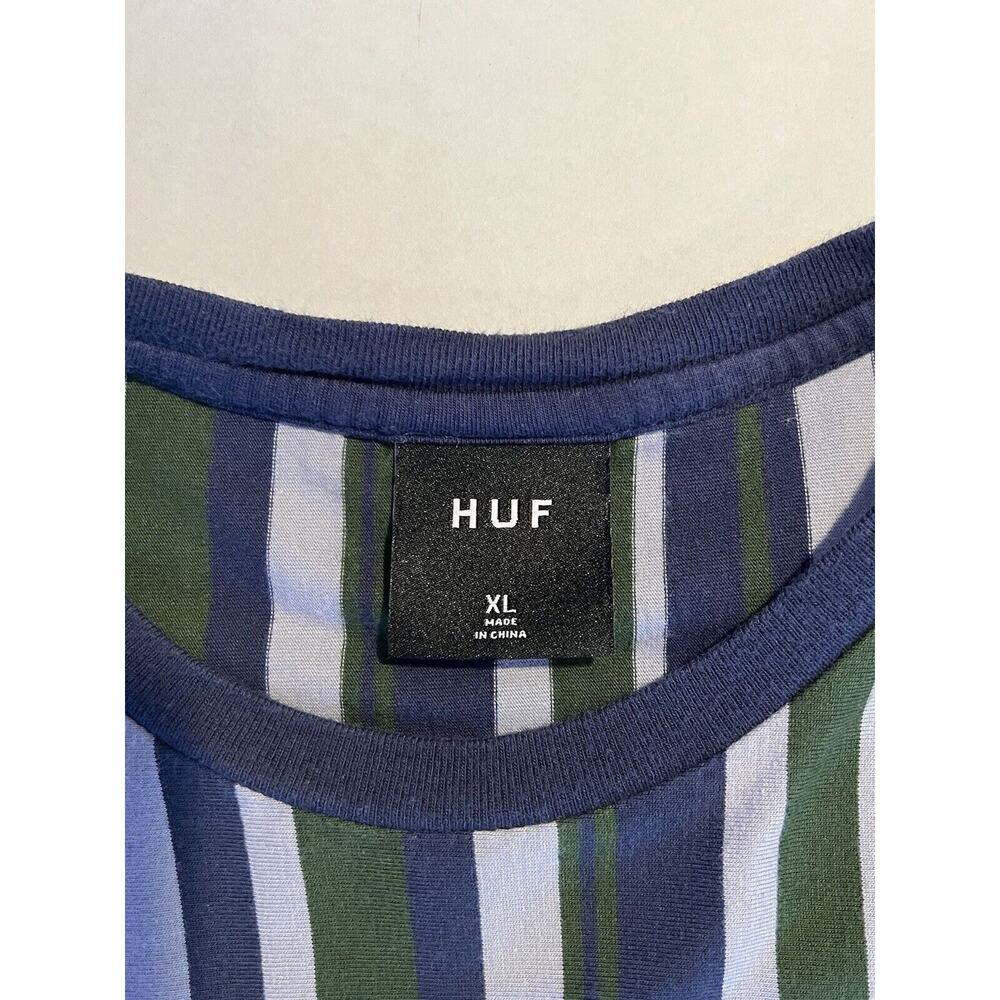 HUF WORLDWIDE Vertical Striped Tee Size XL Embroidered Logo Green Blue White - Picture 4 of 5